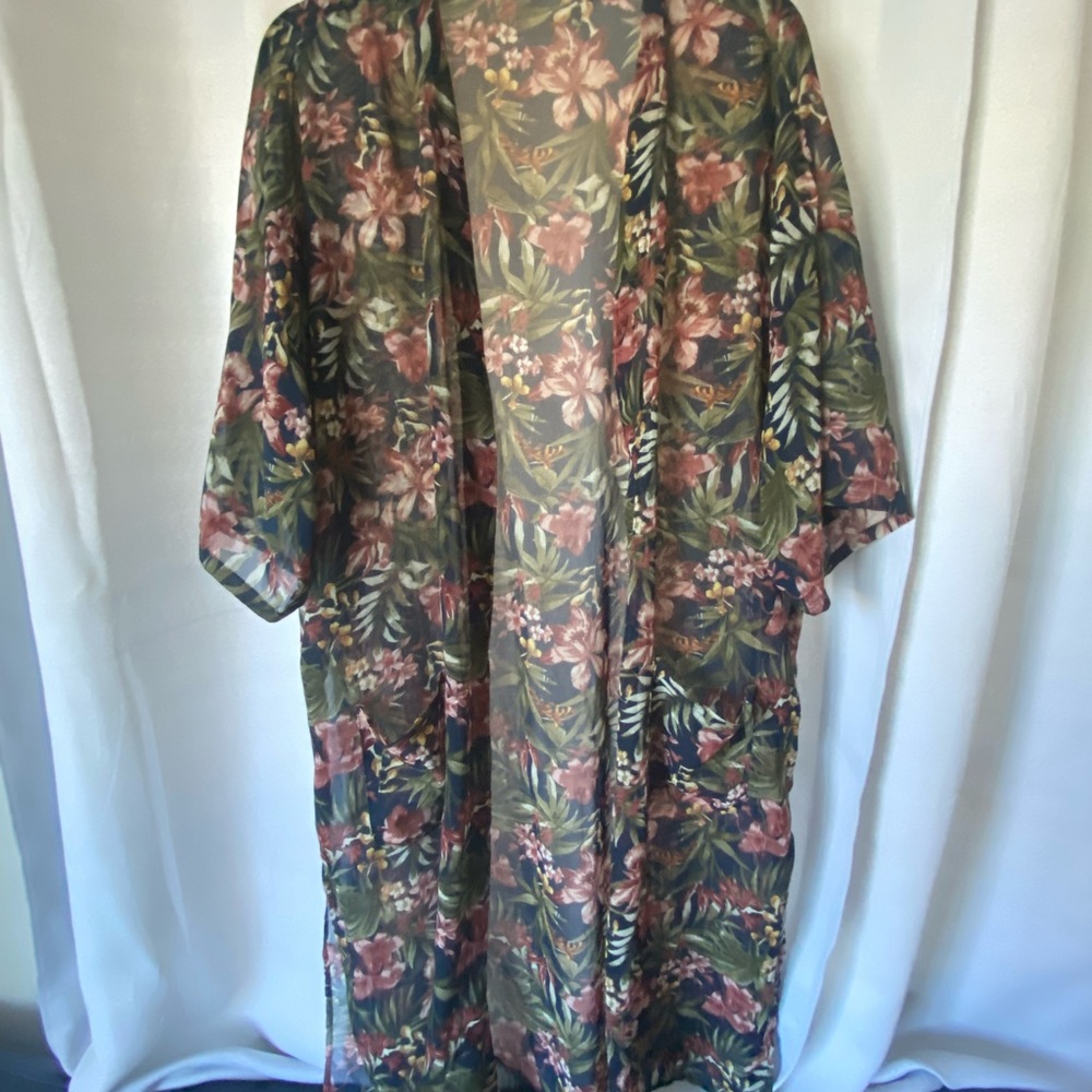 Botanical Floral Black sheer Kimono/Coverup